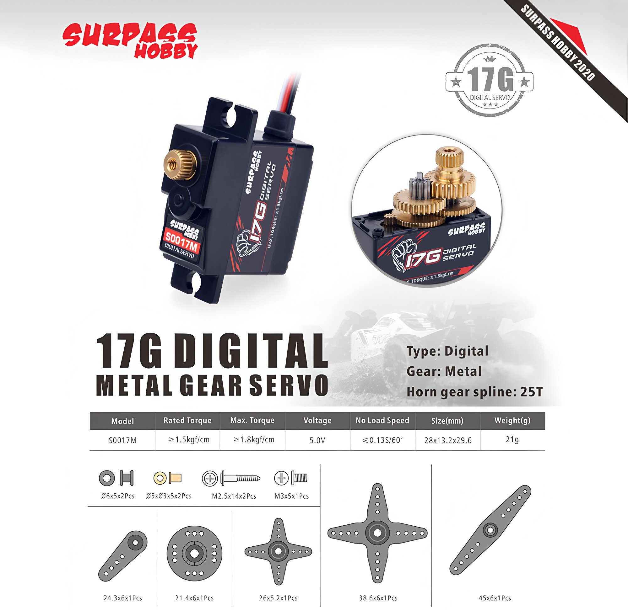 Hobby Quality Rc Cars - 高品質SURPASSホビーS0017M 17Gメタルギア1.8KGデジタルサーボ RC飛行機ロボット1/18 1/16トラック車ボートダクト飛行機用